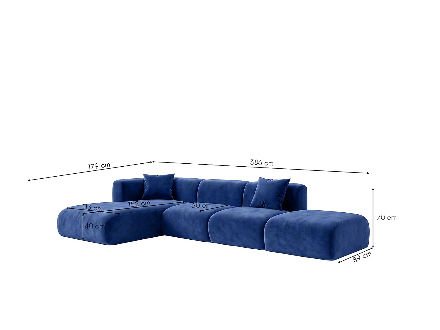 Canapé d'angle en L avec pouf, tissu velours Bluvel, Bleu encre, Gauche, GRETA