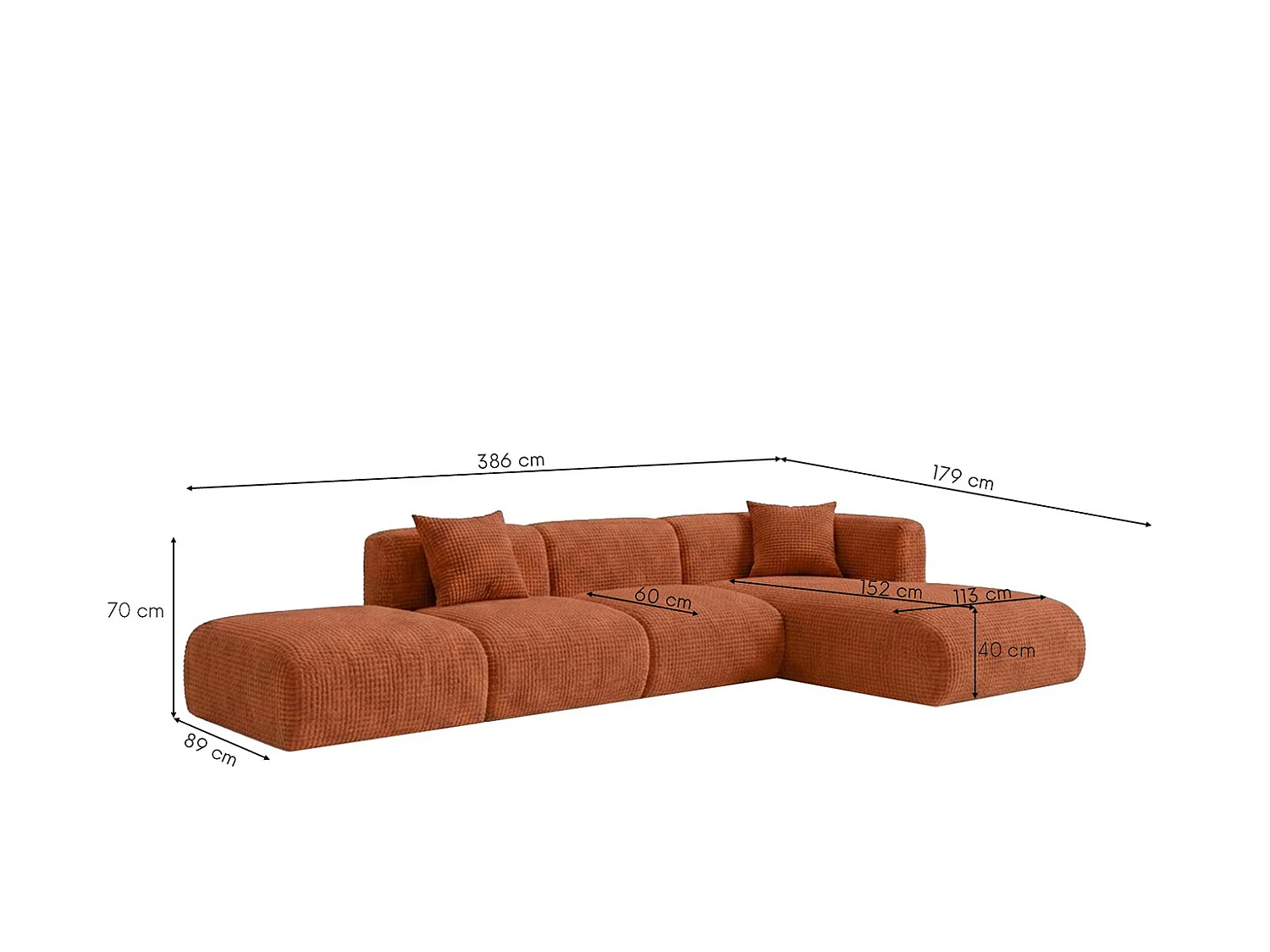 Canapé d’angle en L avec pouf, tissu chenille Cremona, Cuivre, Droit, GRETA