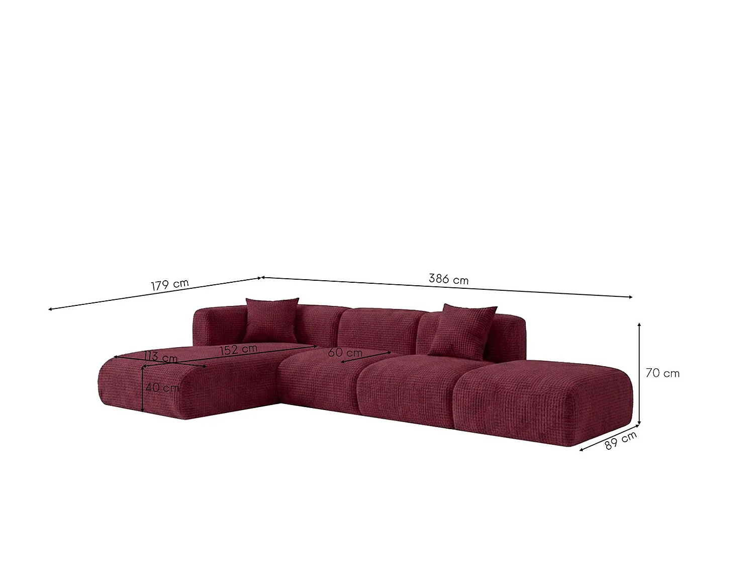 Canapé d’angle en L avec pouf, tissu chenille Cremona, Bordeaux, Gauche, GRETA
