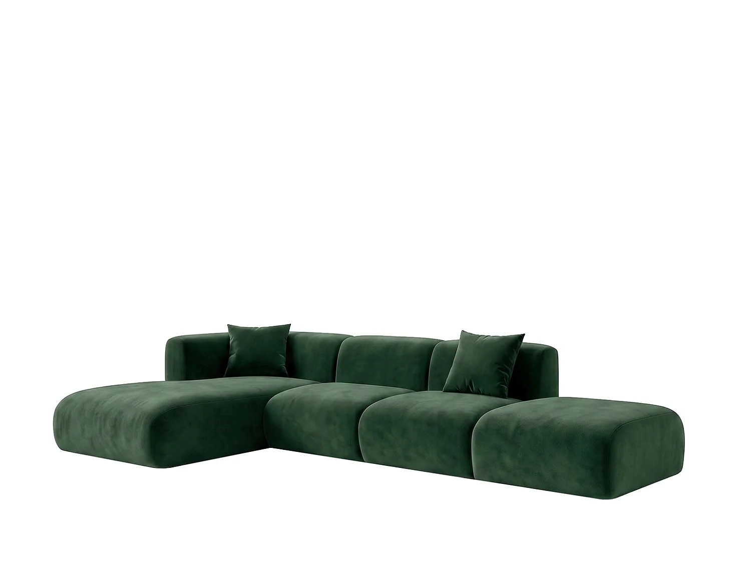 Canapé d'angle en L avec pouf, tissu velours Bluvel, Vert, Gauche, GRETA