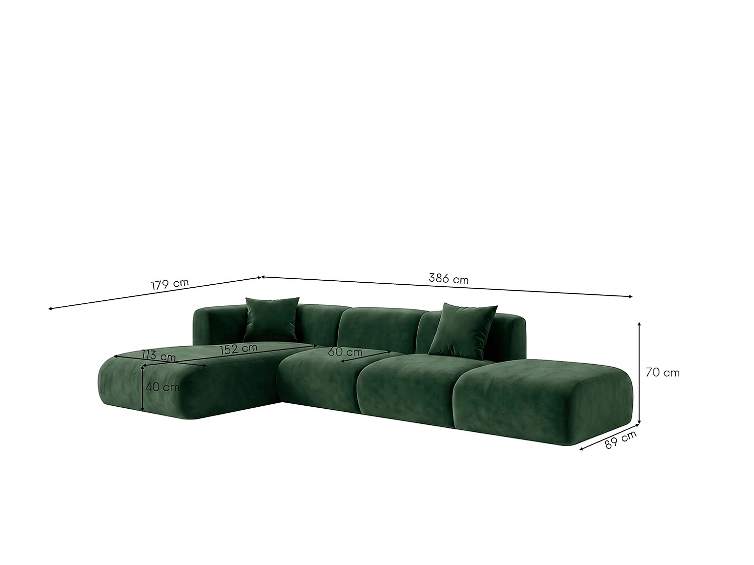 Canapé d'angle en L avec pouf, tissu velours Bluvel, Vert, Gauche, GRETA