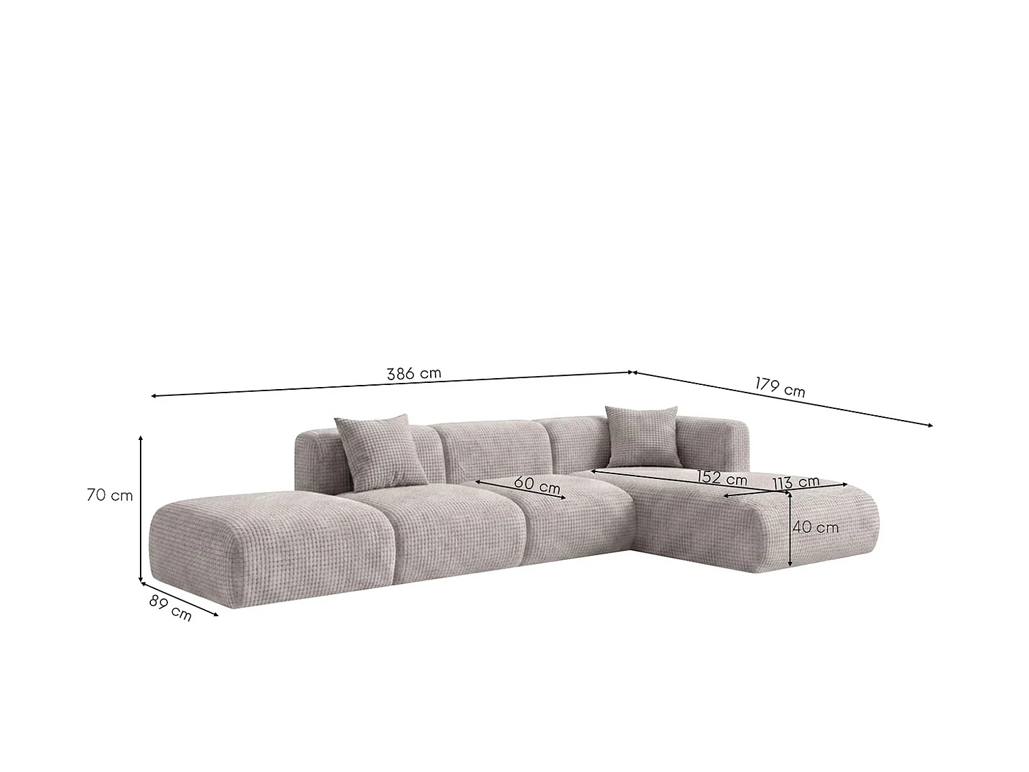 Canapé d’angle en L avec pouf, tissu chenille Cremona, Gris clair, Droit, GRETA