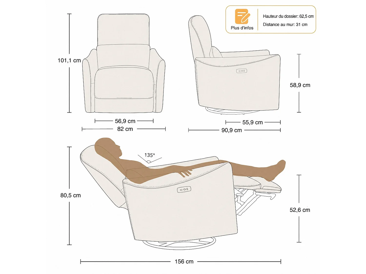Fauteuil relax inclinable électrique pivotant 270° – USB/Type-C, en tissu,dossier 135°, charge 159 kg-gris