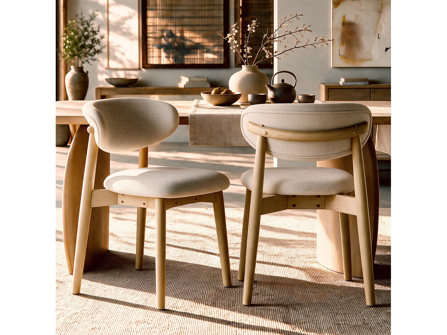 Lote de 2 sillas de tela beige y madera de caucho natural - Yuna