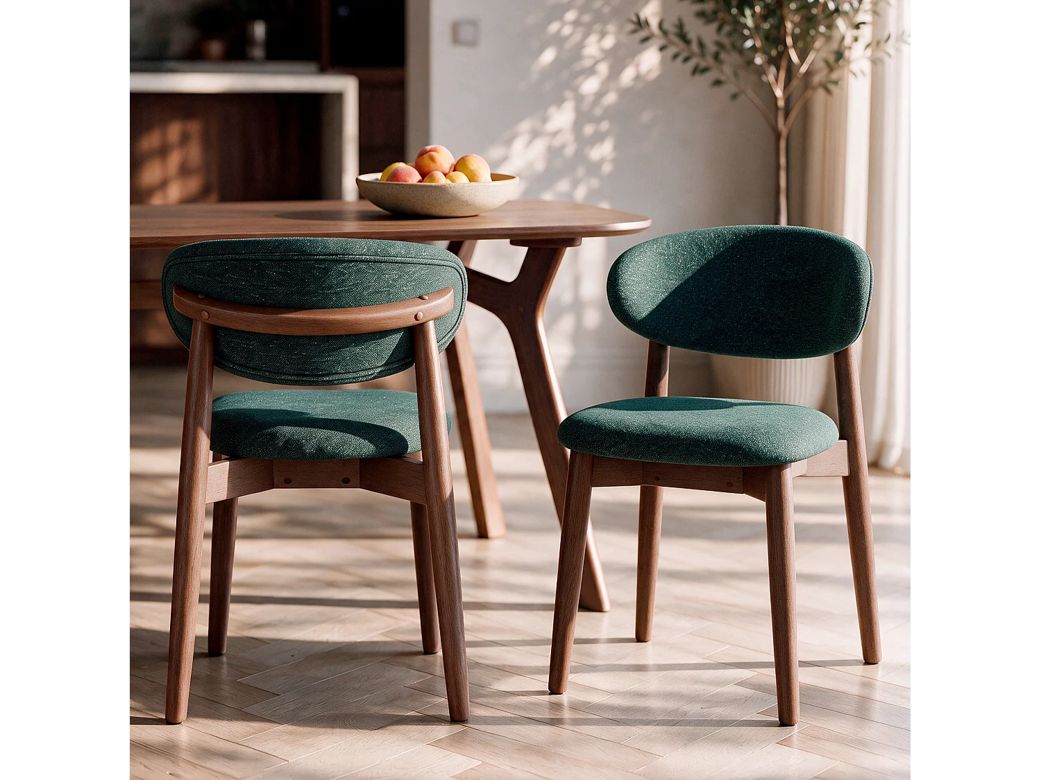 Set di 2 sedie in tessuto verde abete e legno di hevea scuro - Yuna