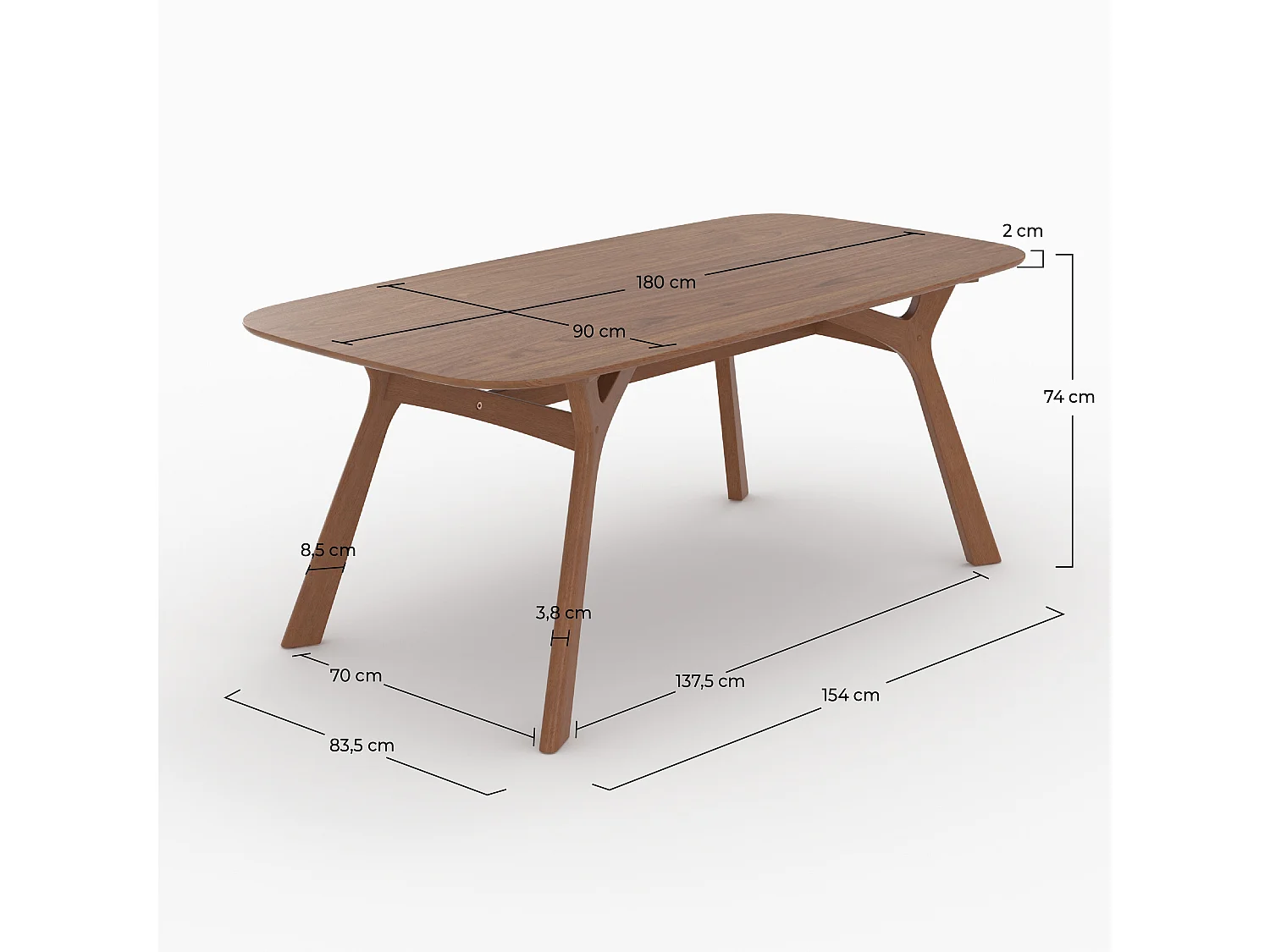Table rectangulaire 6 places bois d'hévéa massif, placage noyer 180 cm - Paula