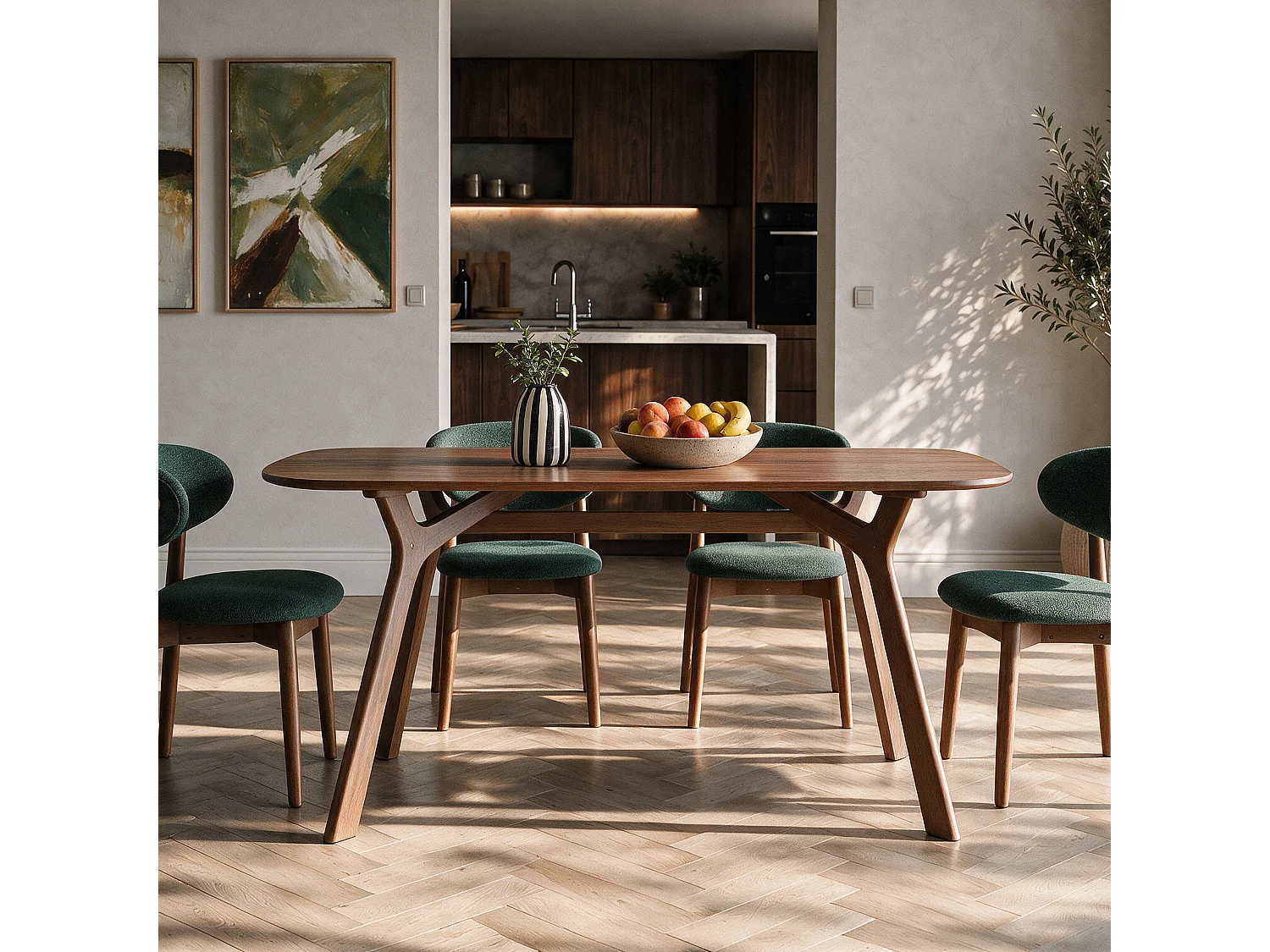 Table rectangulaire 6 places bois d'hévéa massif, placage noyer 180 cm - Paula