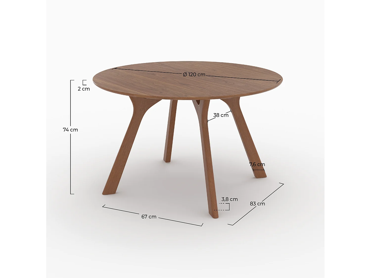 Table ronde 4 personnes en bois d'hévéa massif, placage noyer D120 cm - Izzi