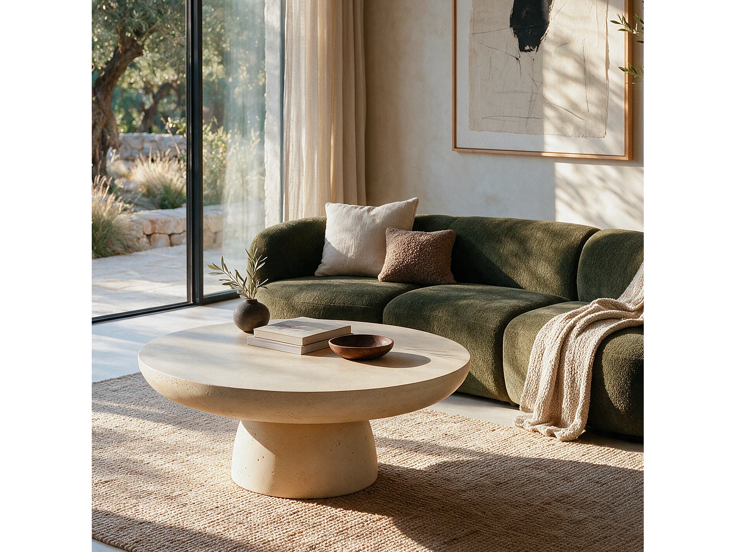 Mesa centro beige redonda de fibra de arcilla, efecto hormigón Ø90 cm - Paros