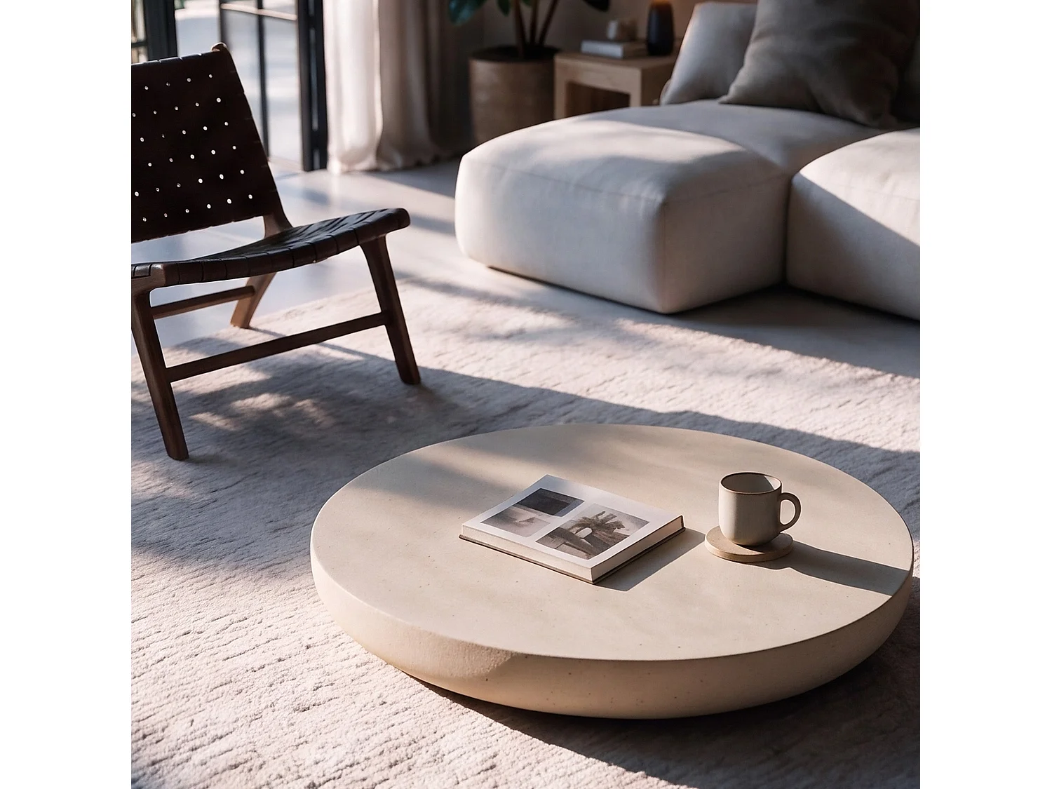 Tavolino beige rotondo in fibra d’argilla effetto cemento Ø100 cm - Milos