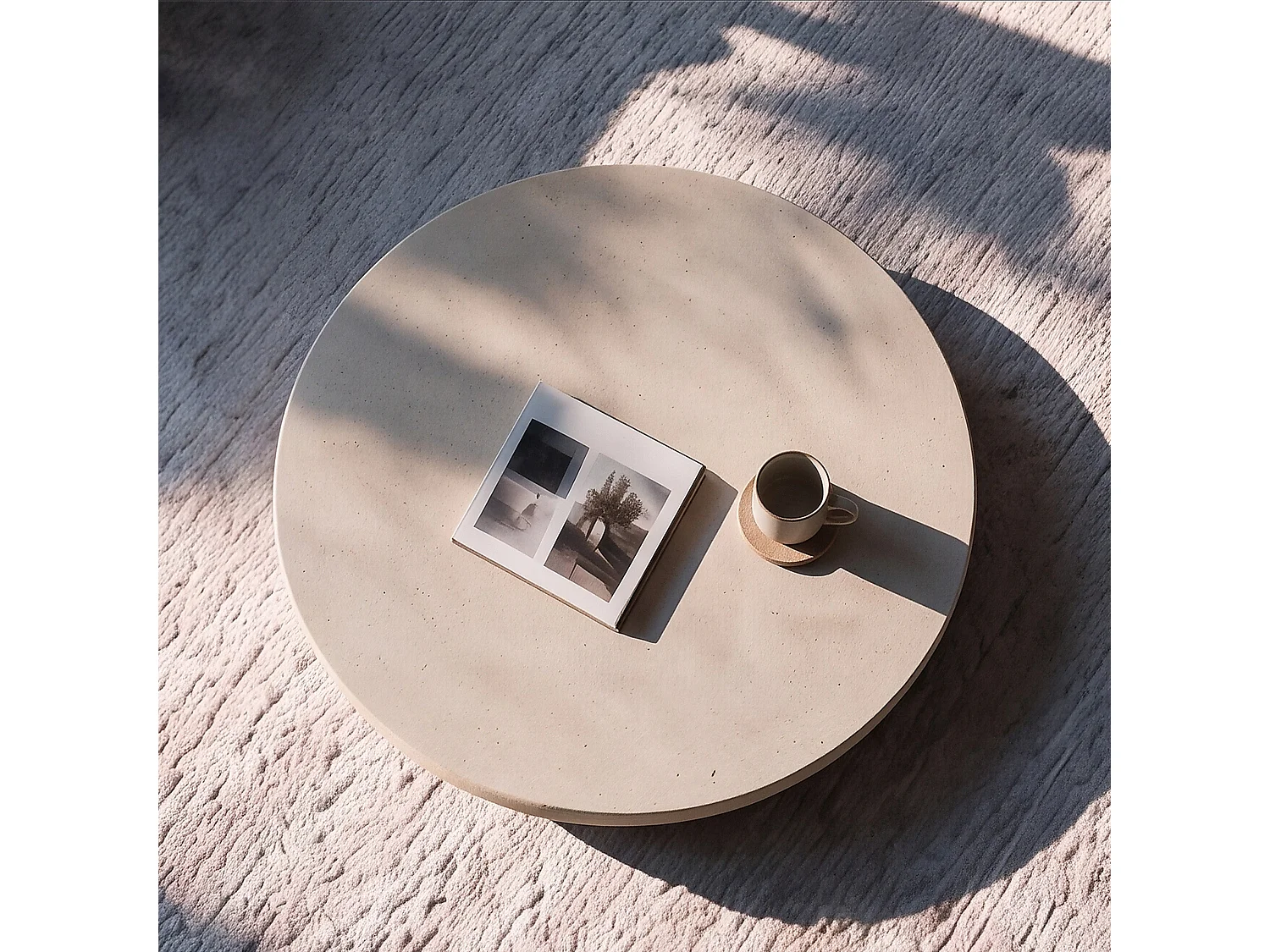 Tavolino beige rotondo in fibra d’argilla effetto cemento Ø100 cm - Milos