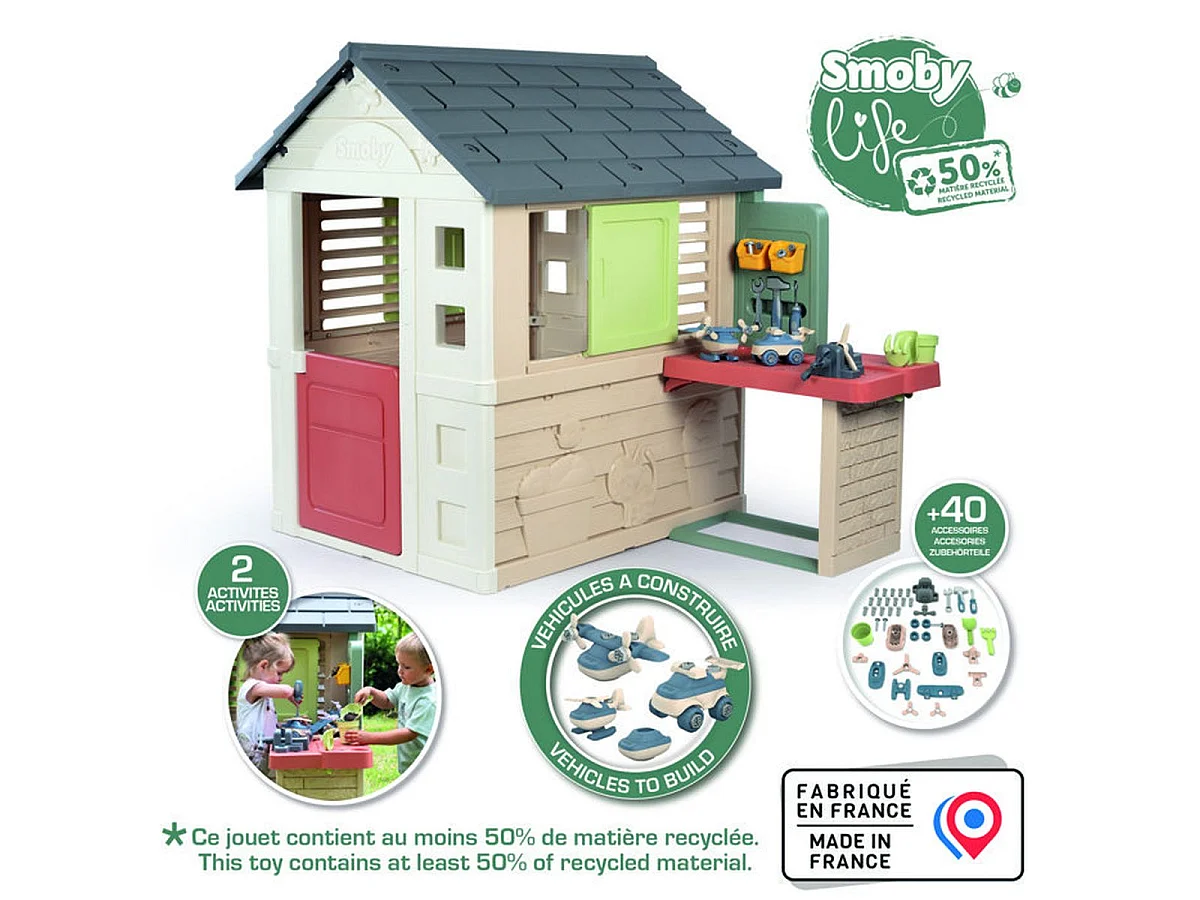 Smoby Life Nature - Cabane enfant avec atelier et 39 accessoires, à partir de 2 ans