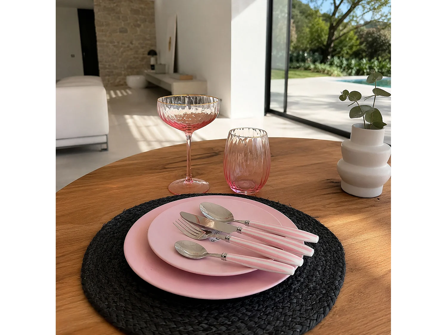 Novastyl - Ménagère à Rayures Blanc Et Rose En Acier Inoxydable 24 Pièces