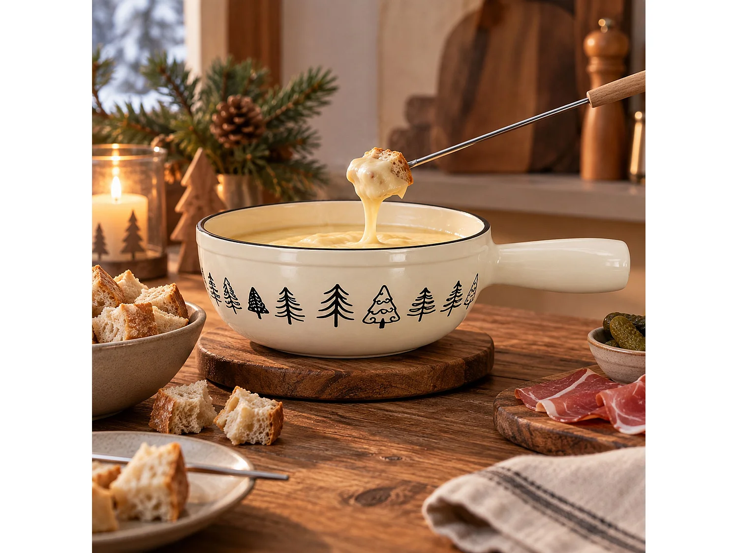 Menastyl - Caquelon Montagne 1.9l En Fonte Creme Avec Décor