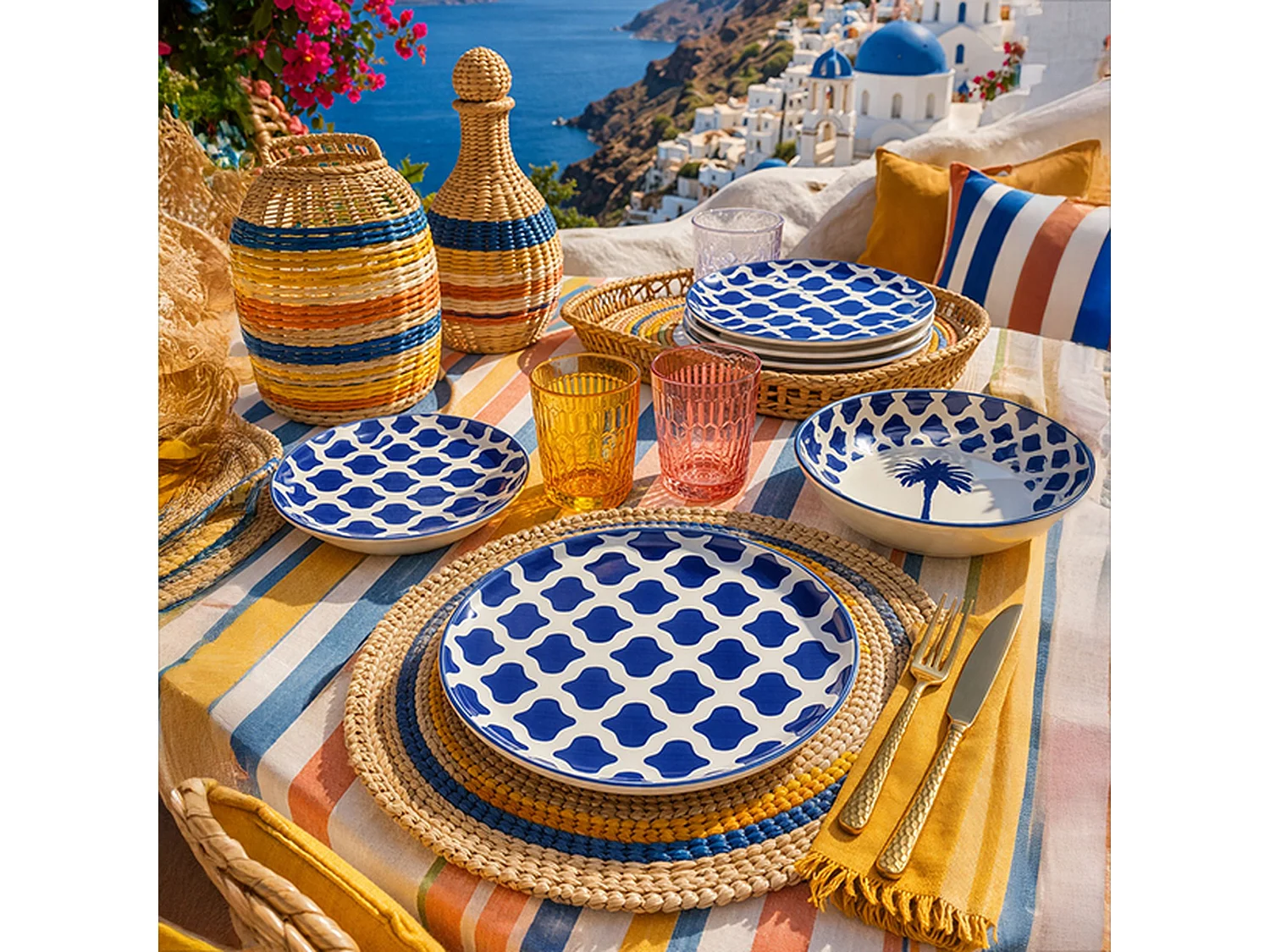 Novastyl - Lot6 Assiettes à Dessert Palm Beach 20cm En Grès Bleu Et Blanc