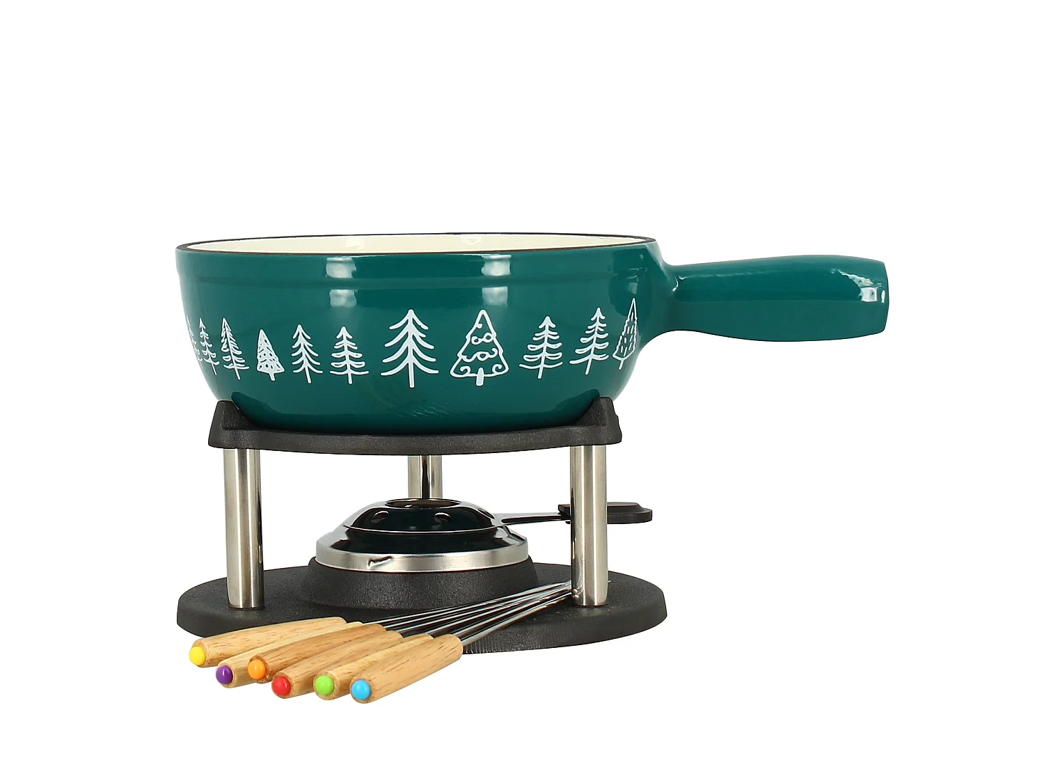 Menastyl - Fondue Montagne 1.9l En Fonte Crème Et Bleu Canard Avec 6fourchettes