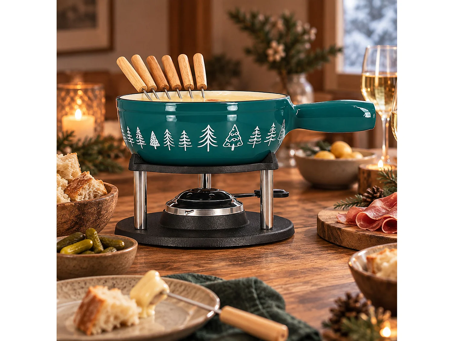 Menastyl - Fondue Montagne 1.9l En Fonte Crème Et Bleu Canard Avec 6fourchettes