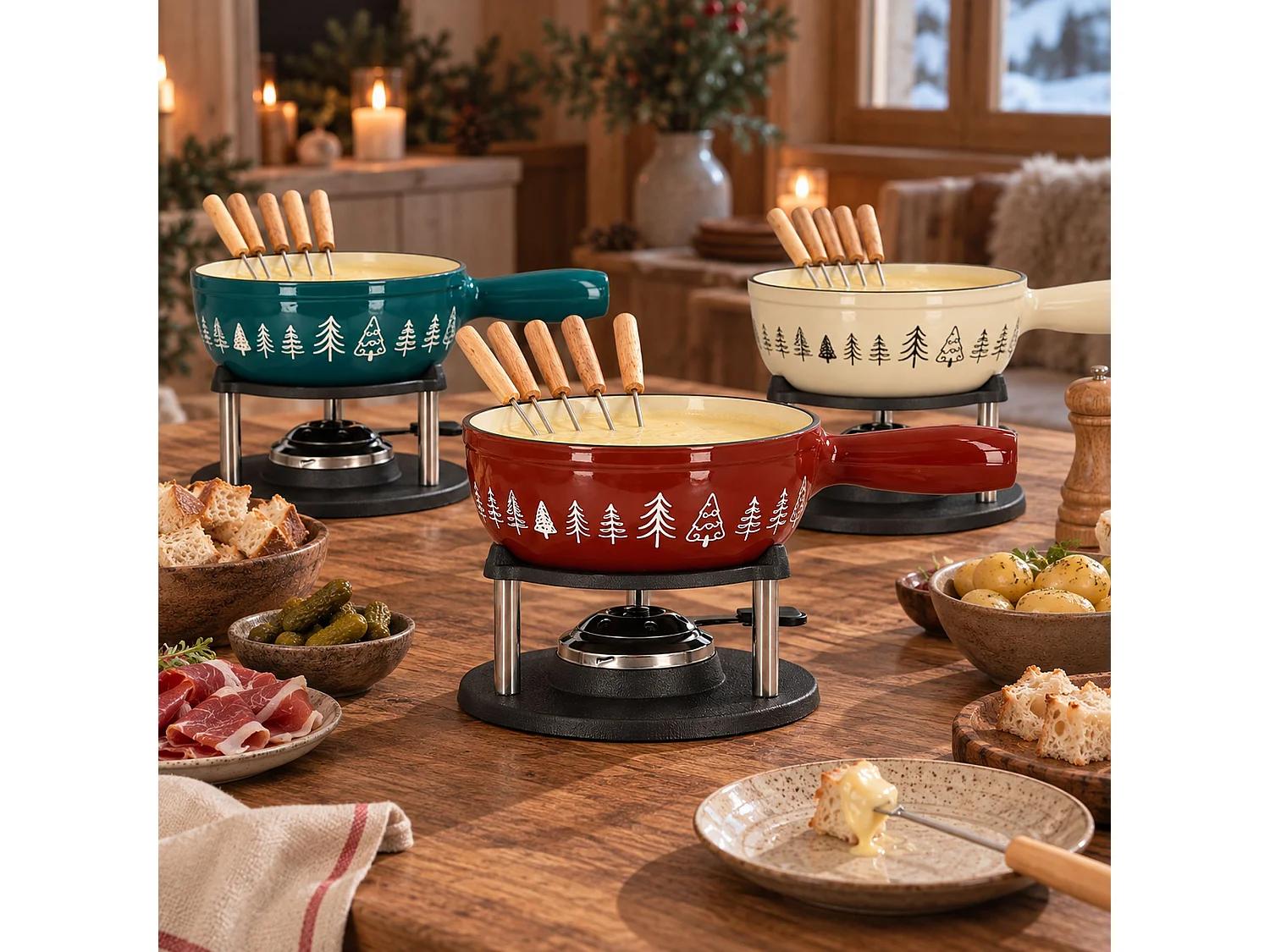 Menastyl - Fondue Montagne 1.9l En Fonte Crème Et Bleu Canard Avec 6fourchettes