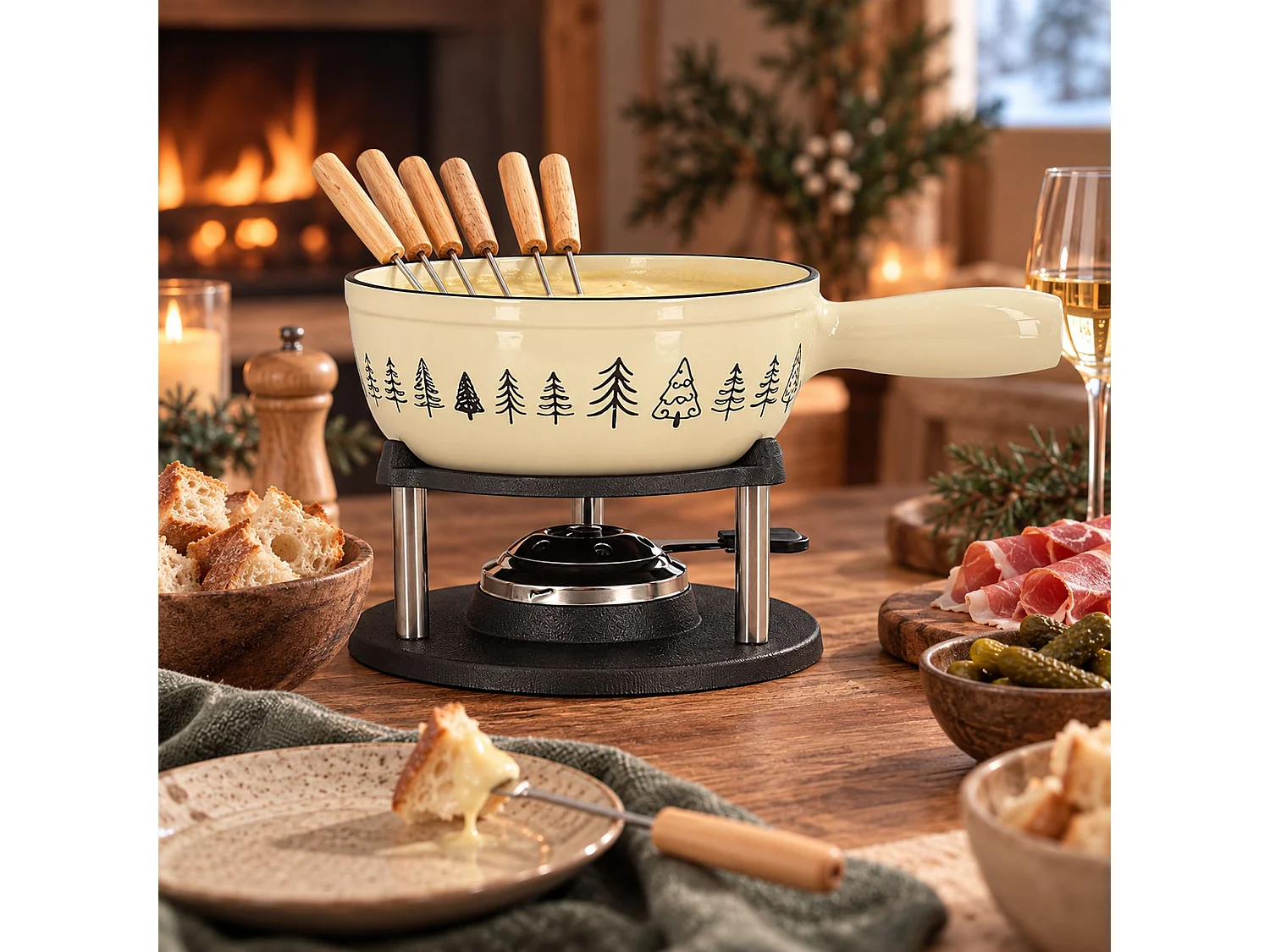 Menastyl - Fondue Montagne 1.9l En Fonte Crème Avec 6 Fourchettes