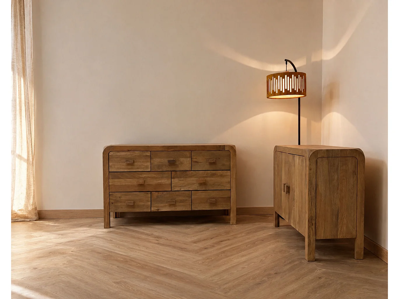 Buffet à 2 portes en bois de manguer masif naturel avec pieds en bois
