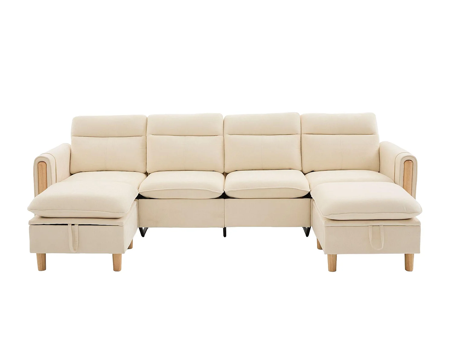 Canapé d'Angle Modulable en Chenille, Canapé 4 Places pour Salon, Appartement ou Bureau, Pieds en Bois Massif Apparents, Coffre de Rangement