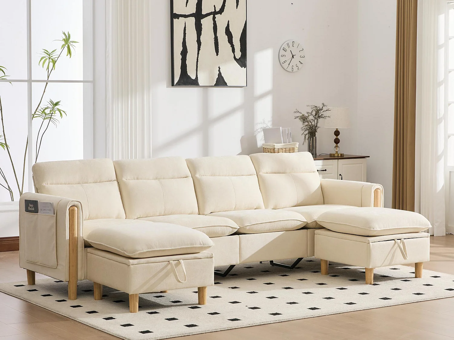 Canapé d'Angle Modulable en Chenille, Canapé 4 Places pour Salon, Appartement ou Bureau, Pieds en Bois Massif Apparents, Coffre de Rangement