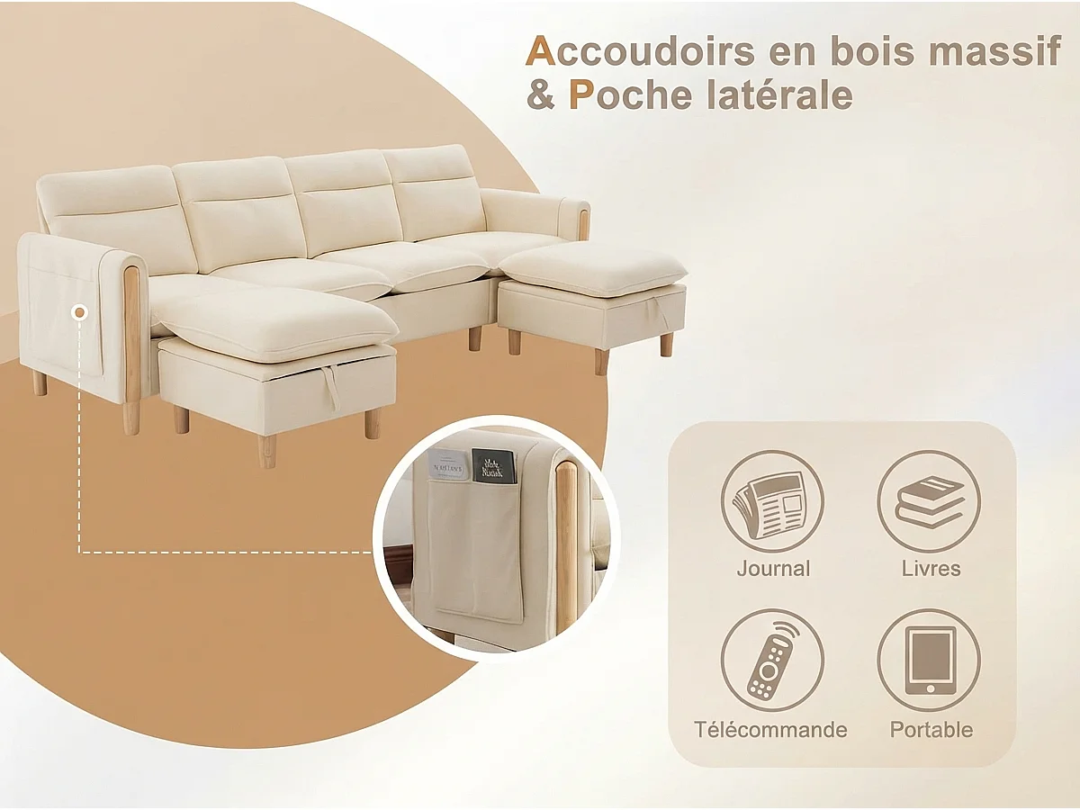 Canapé d'Angle Modulable en Chenille, Canapé 4 Places pour Salon, Appartement ou Bureau, Pieds en Bois Massif Apparents, Coffre de Rangement