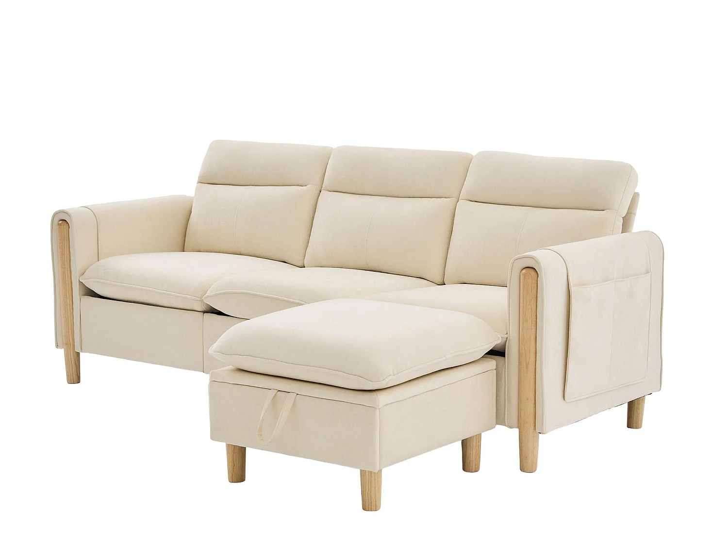 Canapé d'Angle Modulable en Chenille, Canapé 3 Places pour Salon, Appartement ou Bureau, Pieds en Bois Massif Apparents, Coffre de Rangement