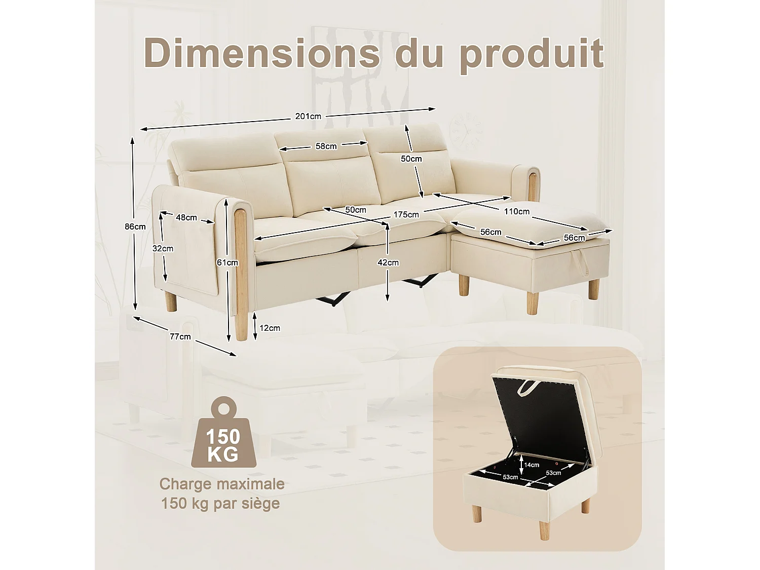 Canapé d'Angle Modulable en Chenille, Canapé 3 Places pour Salon, Appartement ou Bureau, Pieds en Bois Massif Apparents, Coffre de Rangement