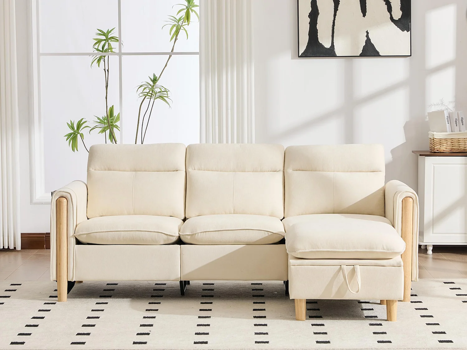 Canapé d'Angle Modulable en Chenille, Canapé 3 Places pour Salon, Appartement ou Bureau, Pieds en Bois Massif Apparents, Coffre de Rangement