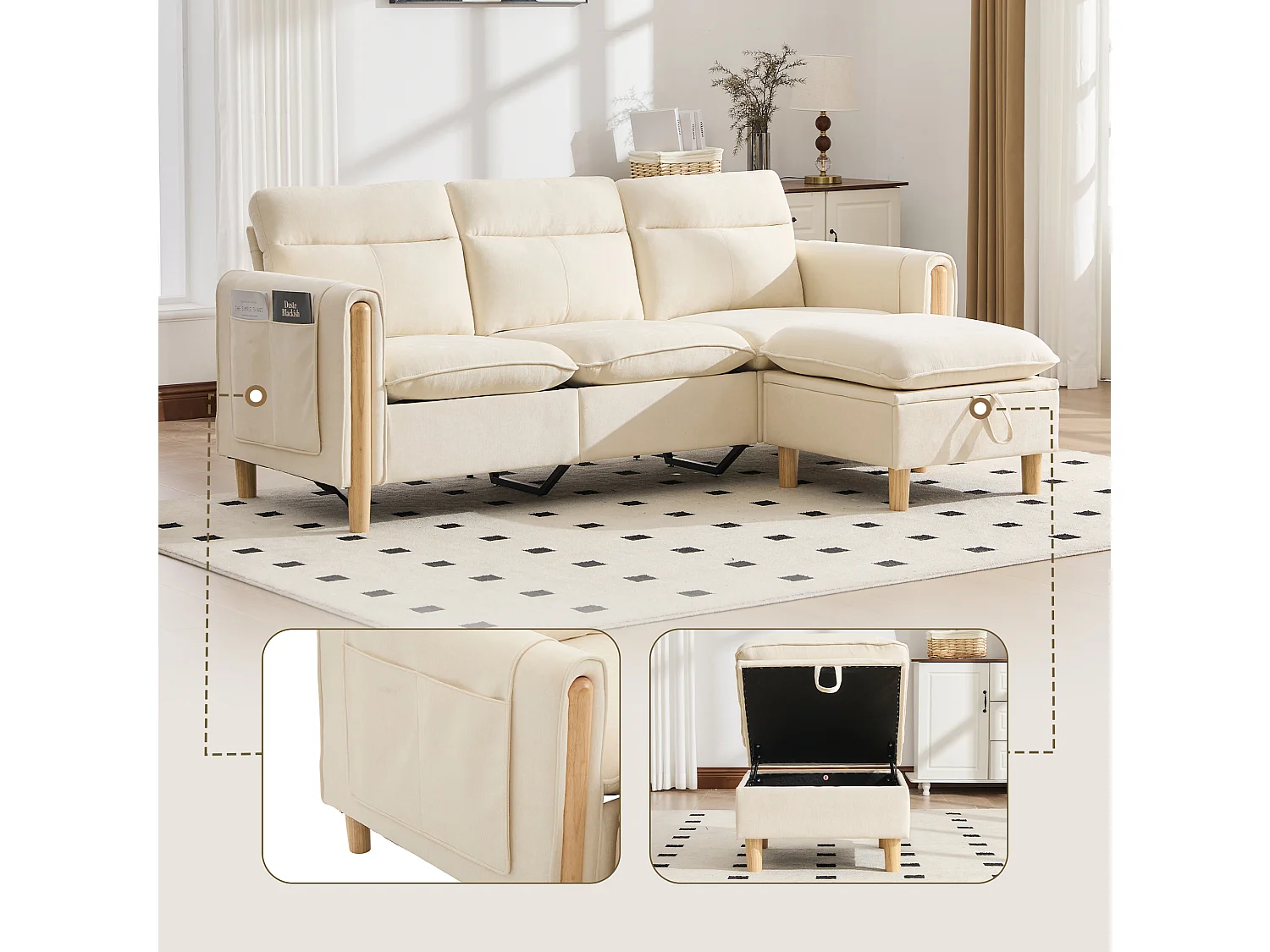Canapé d'Angle Modulable en Chenille, Canapé 3 Places pour Salon, Appartement ou Bureau, Pieds en Bois Massif Apparents, Coffre de Rangement