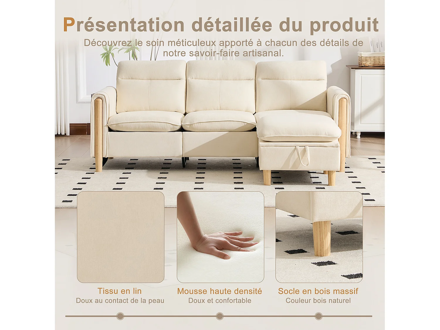 Canapé d'Angle Modulable en Chenille, Canapé 3 Places pour Salon, Appartement ou Bureau, Pieds en Bois Massif Apparents, Coffre de Rangement