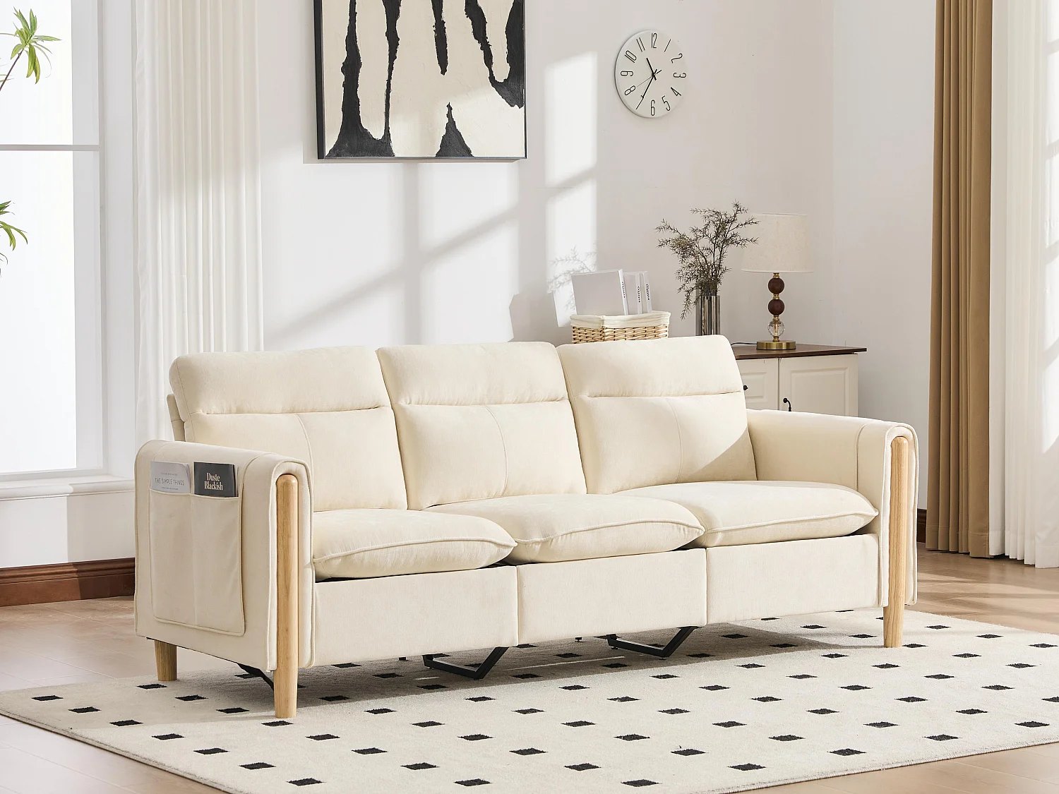 Canapé d'Angle Modulable en Chenille, Canapé 3 Places pour Salon, Appartement ou Bureau, Pieds en Bois Massif Apparents, Coffre de Rangement