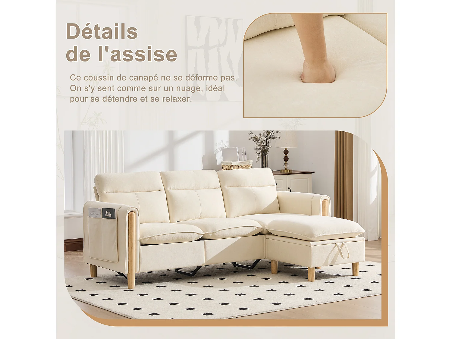 Canapé d'Angle Modulable en Chenille, Canapé 3 Places pour Salon, Appartement ou Bureau, Pieds en Bois Massif Apparents, Coffre de Rangement