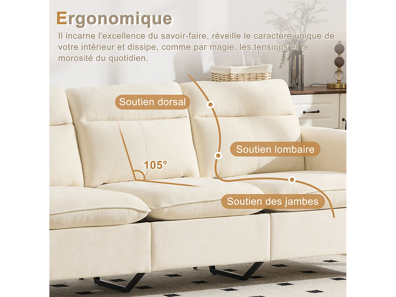 Canapé d'Angle Modulable en Chenille, Canapé 3 Places pour Salon, Appartement ou Bureau, Pieds en Bois Massif Apparents, Coffre de Rangement