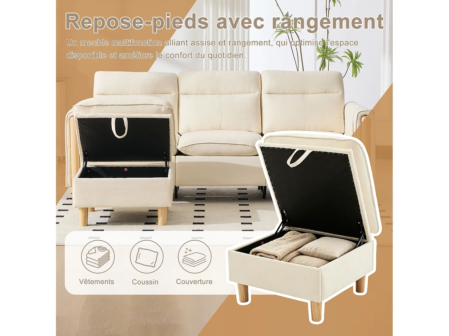 Canapé d'Angle Modulable en Chenille, Canapé 3 Places pour Salon, Appartement ou Bureau, Pieds en Bois Massif Apparents, Coffre de Rangement