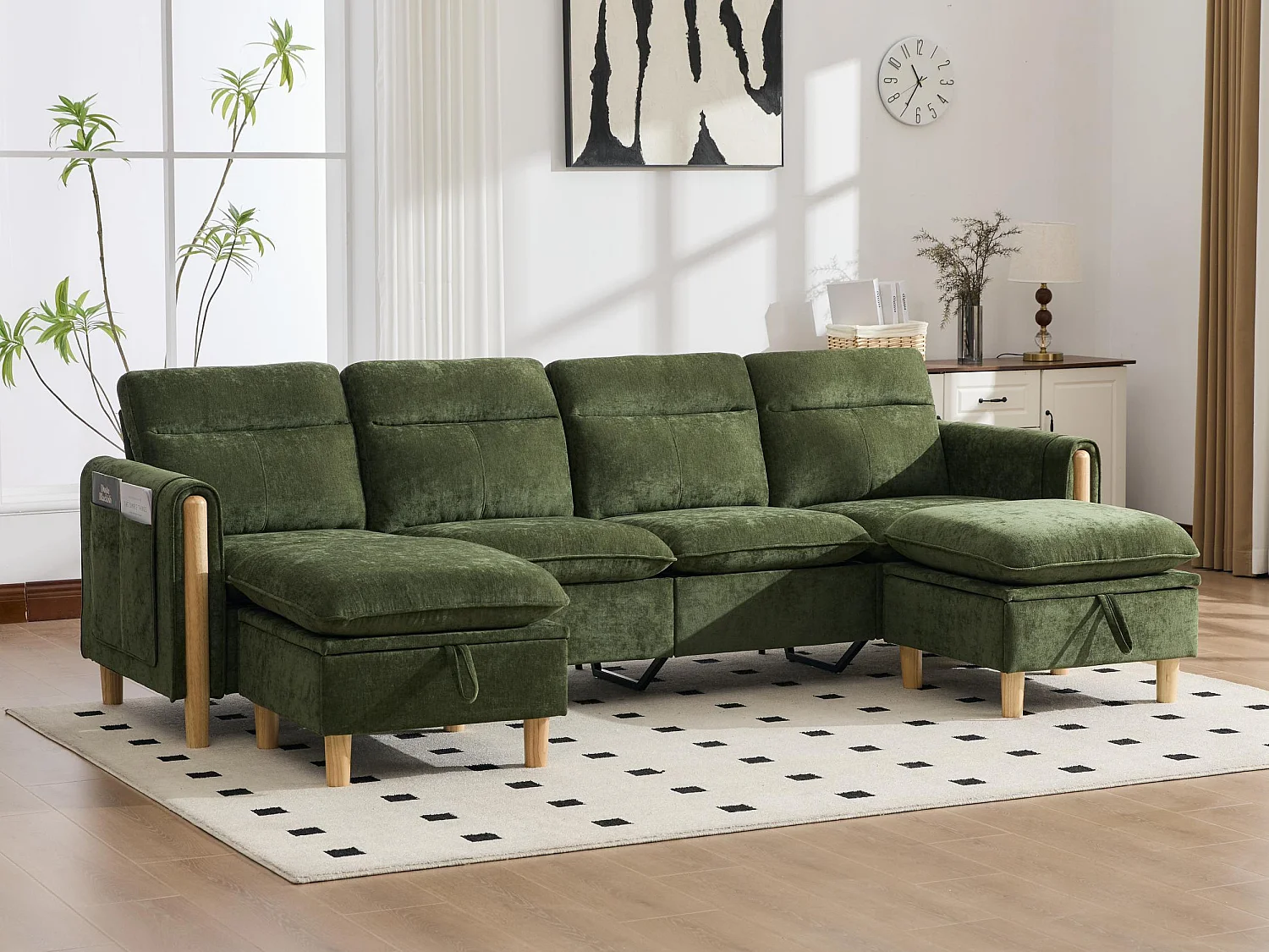 Canapé d'Angle Modulable en Chenille, Canapé 4 Places pour Salon, Appartement ou Bureau, Pieds en Bois Massif Apparents, Coffre de Rangement