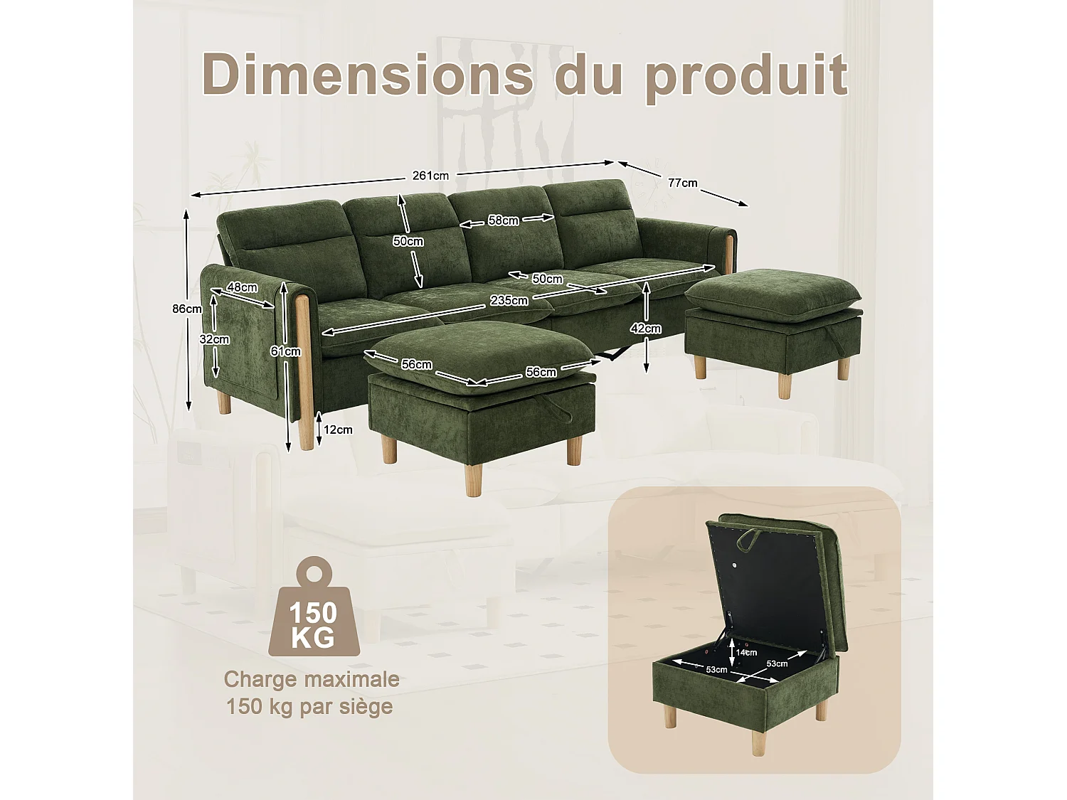 Canapé d'Angle Modulable en Chenille, Canapé 4 Places pour Salon, Appartement ou Bureau, Pieds en Bois Massif Apparents, Coffre de Rangement