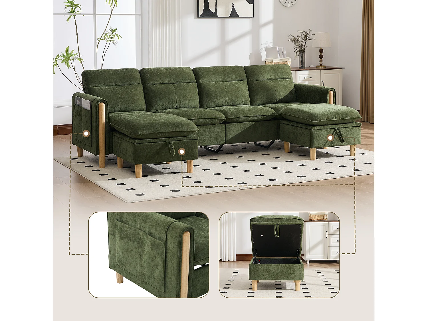 Canapé d'Angle Modulable en Chenille, Canapé 4 Places pour Salon, Appartement ou Bureau, Pieds en Bois Massif Apparents, Coffre de Rangement