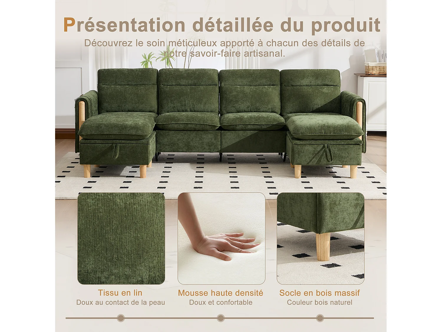 Canapé d'Angle Modulable en Chenille, Canapé 4 Places pour Salon, Appartement ou Bureau, Pieds en Bois Massif Apparents, Coffre de Rangement