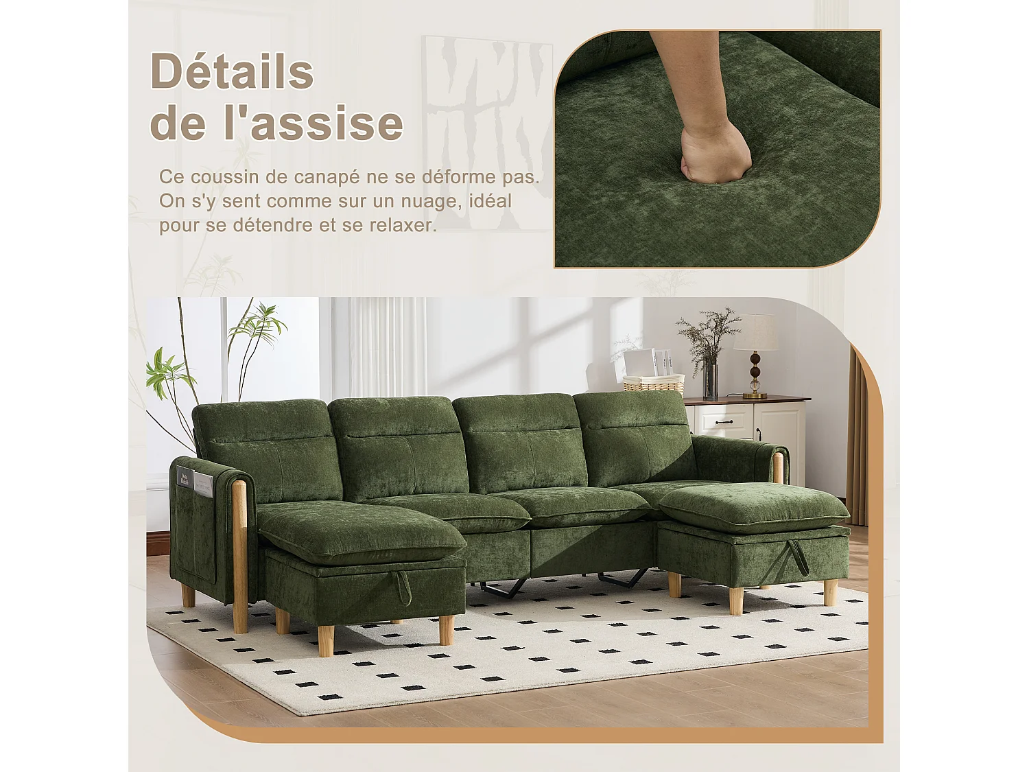 Canapé d'Angle Modulable en Chenille, Canapé 4 Places pour Salon, Appartement ou Bureau, Pieds en Bois Massif Apparents, Coffre de Rangement