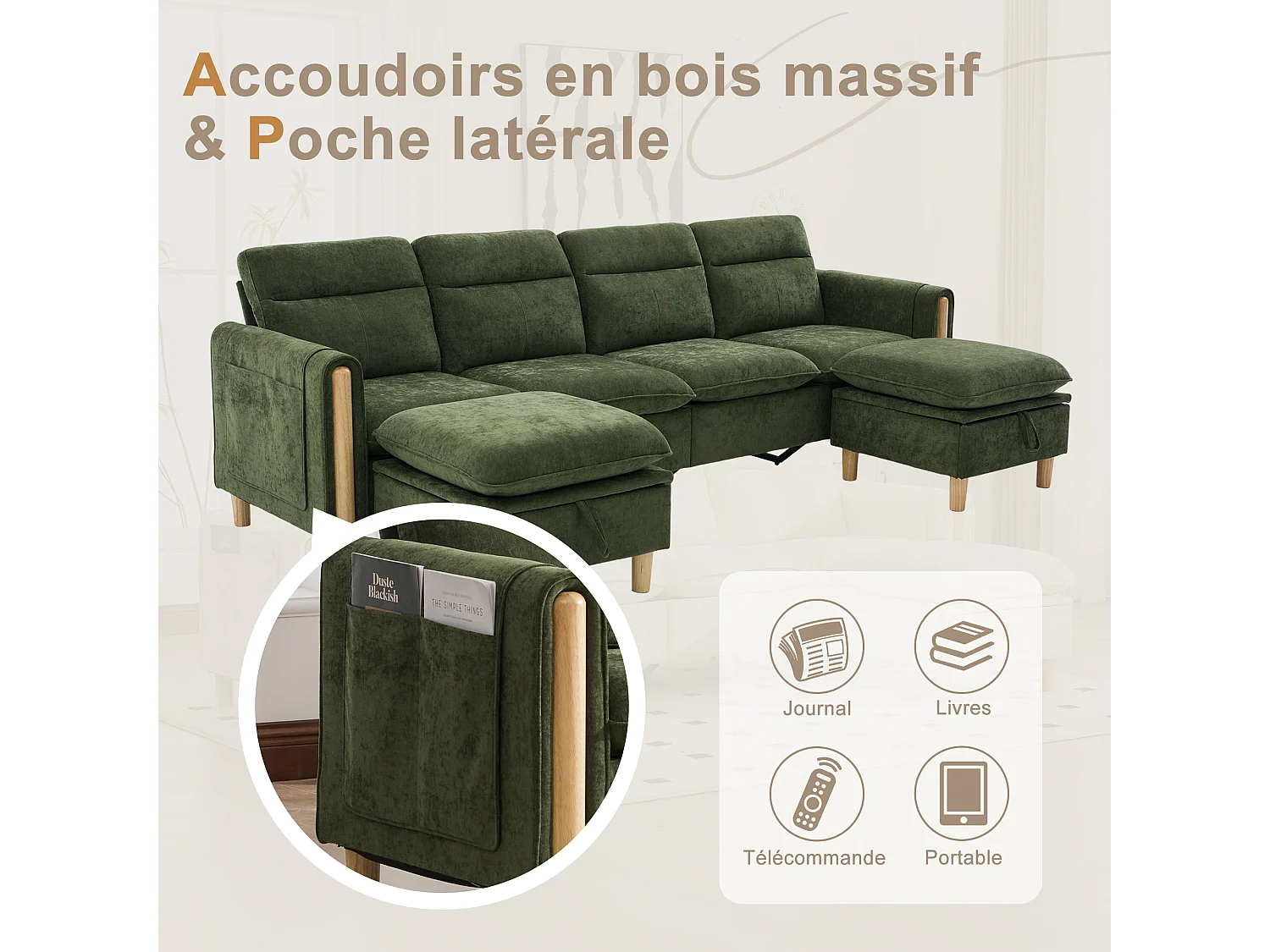 Canapé d'Angle Modulable en Chenille, Canapé 4 Places pour Salon, Appartement ou Bureau, Pieds en Bois Massif Apparents, Coffre de Rangement
