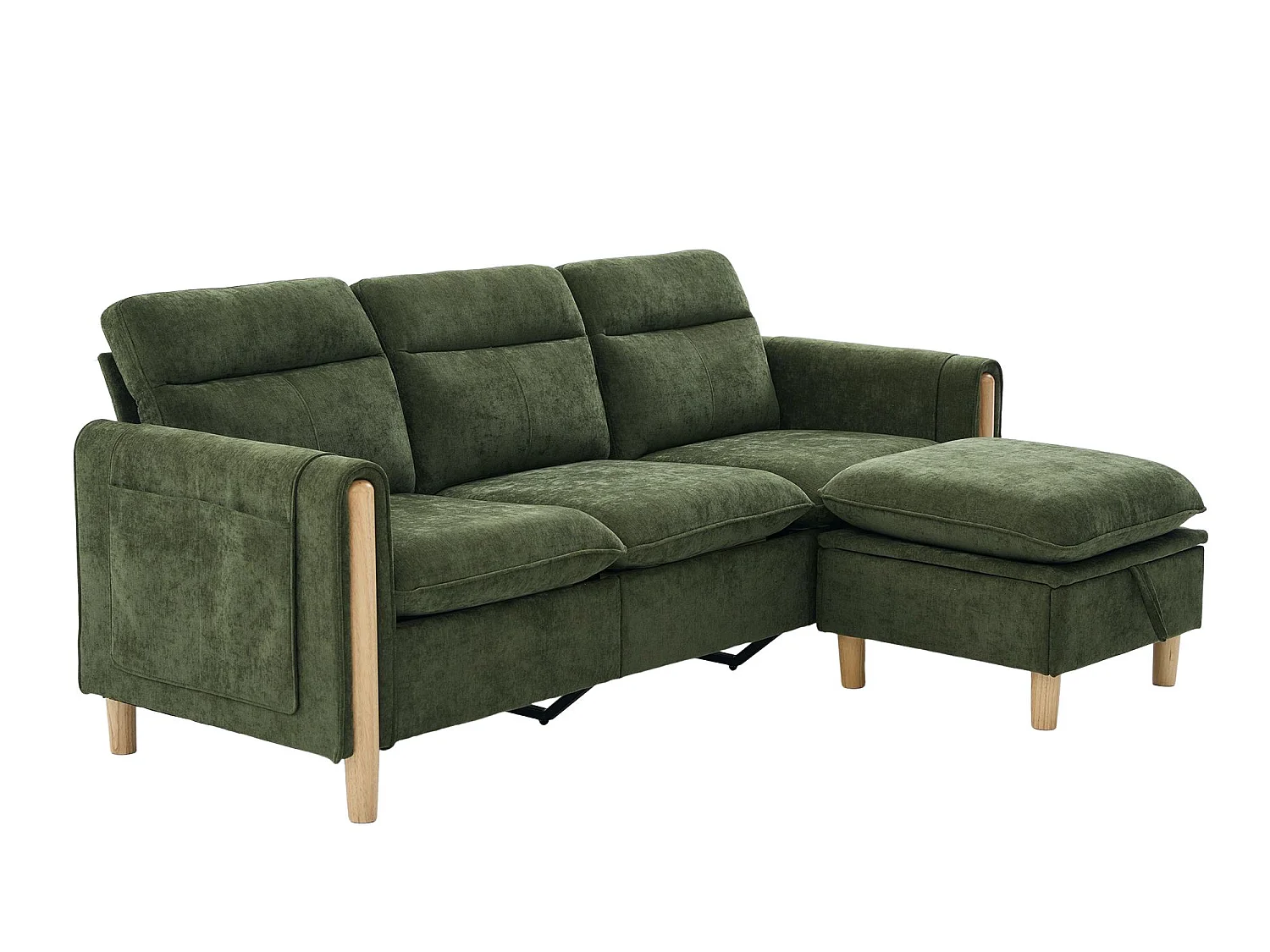 Canapé d'Angle Modulable en Chenille, Canapé 3 Places pour Salon, Appartement ou Bureau, Pieds en Bois Massif Apparents, Coffre de Rangement