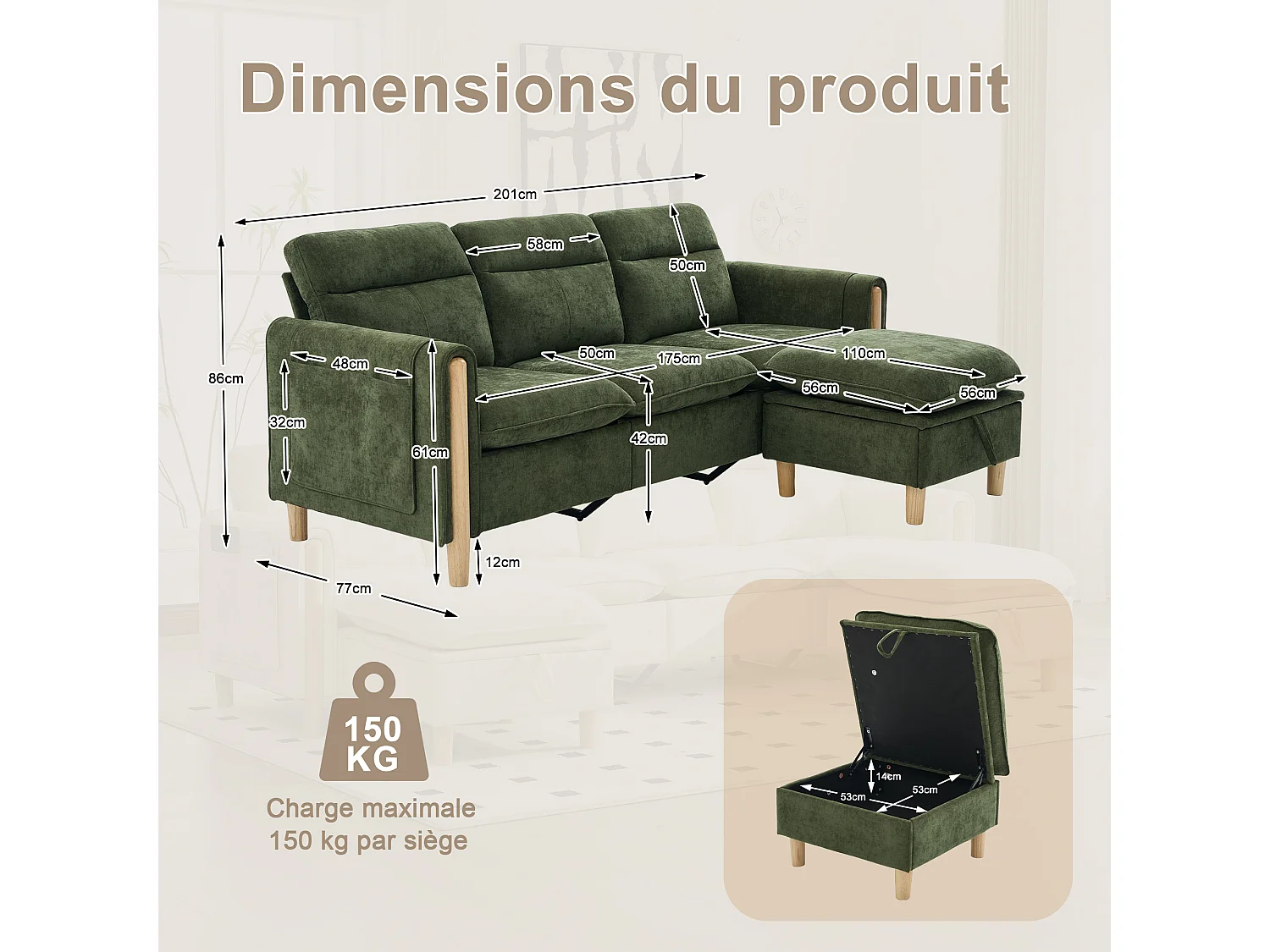Canapé d'Angle Modulable en Chenille, Canapé 3 Places pour Salon, Appartement ou Bureau, Pieds en Bois Massif Apparents, Coffre de Rangement