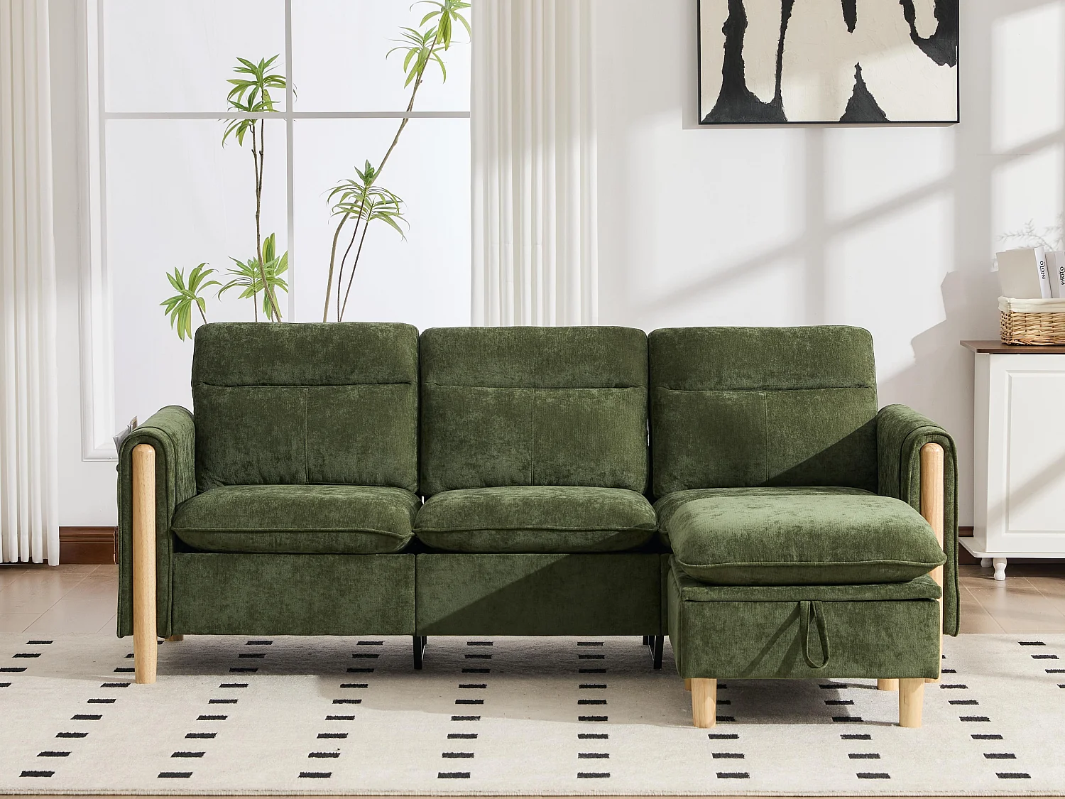 Canapé d'Angle Modulable en Chenille, Canapé 3 Places pour Salon, Appartement ou Bureau, Pieds en Bois Massif Apparents, Coffre de Rangement