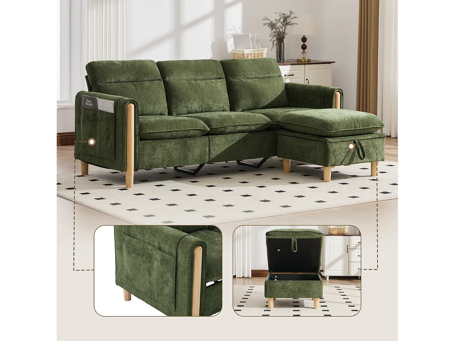 Canapé d'Angle Modulable en Chenille, Canapé 3 Places pour Salon, Appartement ou Bureau, Pieds en Bois Massif Apparents, Coffre de Rangement
