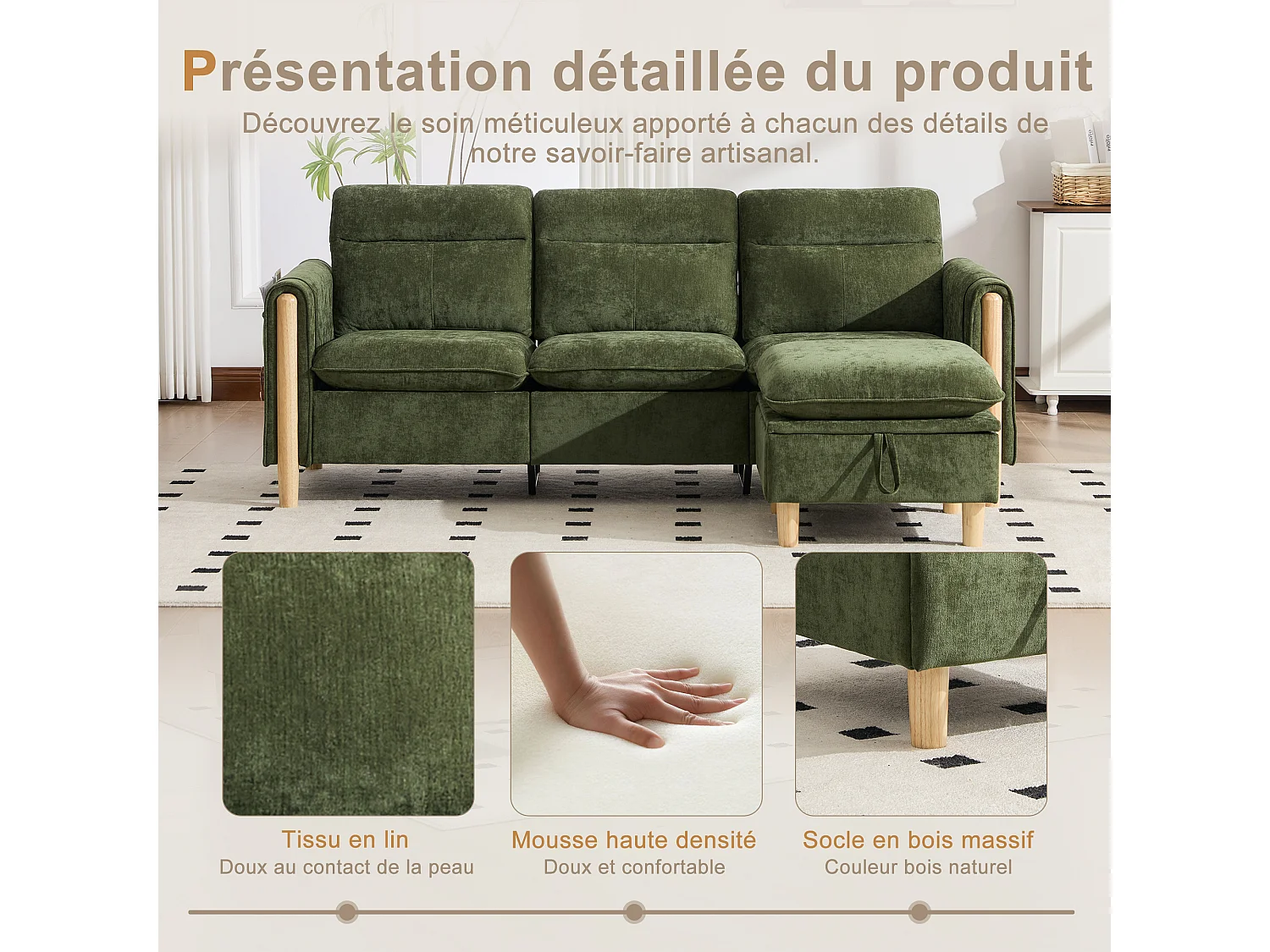 Canapé d'Angle Modulable en Chenille, Canapé 3 Places pour Salon, Appartement ou Bureau, Pieds en Bois Massif Apparents, Coffre de Rangement