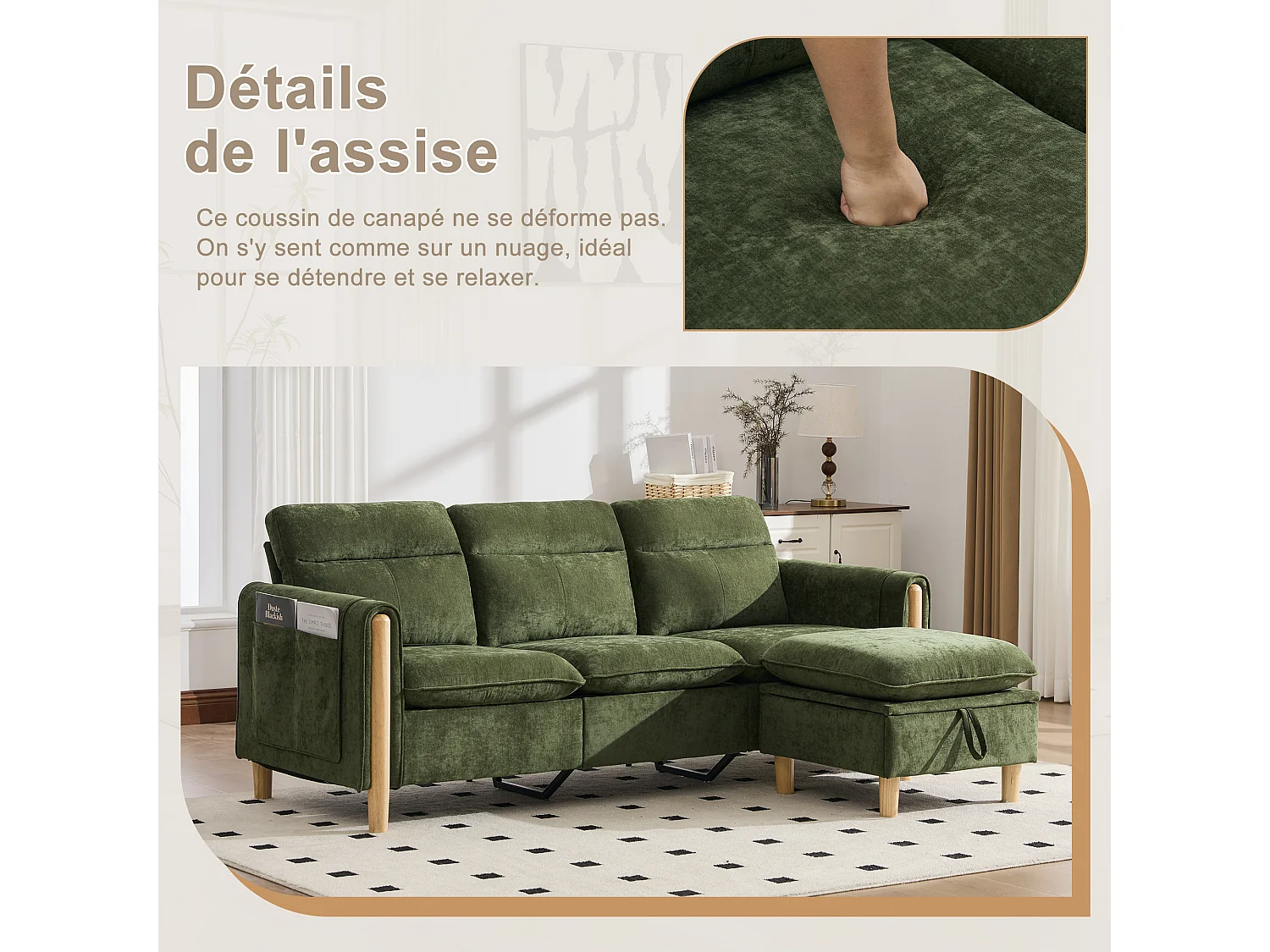 Canapé d'Angle Modulable en Chenille, Canapé 3 Places pour Salon, Appartement ou Bureau, Pieds en Bois Massif Apparents, Coffre de Rangement