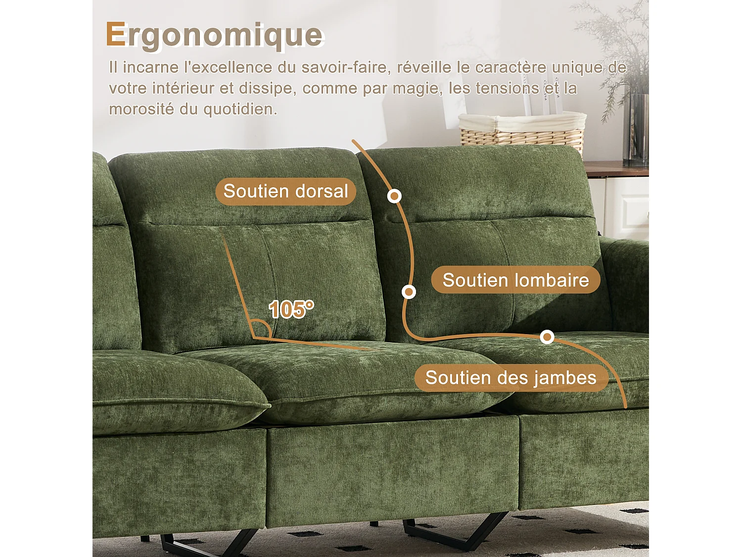 Canapé d'Angle Modulable en Chenille, Canapé 3 Places pour Salon, Appartement ou Bureau, Pieds en Bois Massif Apparents, Coffre de Rangement
