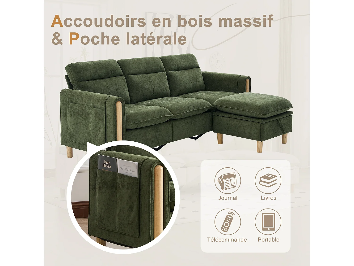Canapé d'Angle Modulable en Chenille, Canapé 3 Places pour Salon, Appartement ou Bureau, Pieds en Bois Massif Apparents, Coffre de Rangement